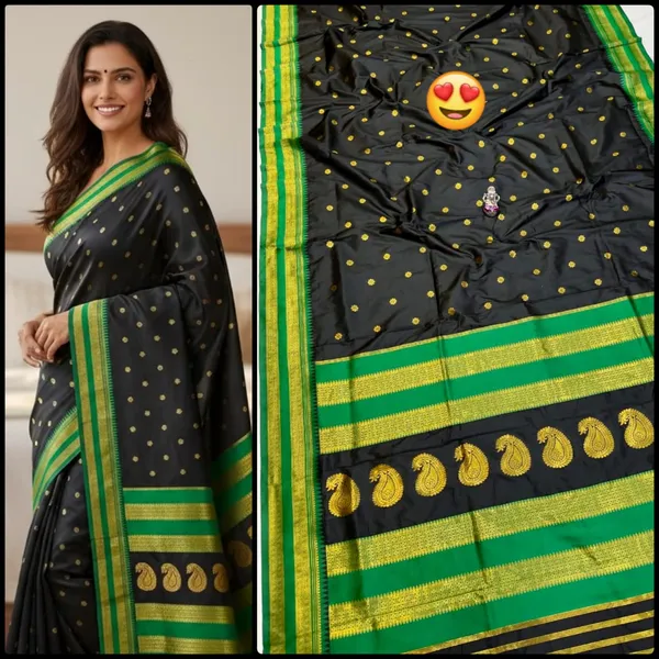 Jet_Black_With_Green_Border_Soft_Silk_Sutram_Narayanpeth_Paithani_Saree_For_Women